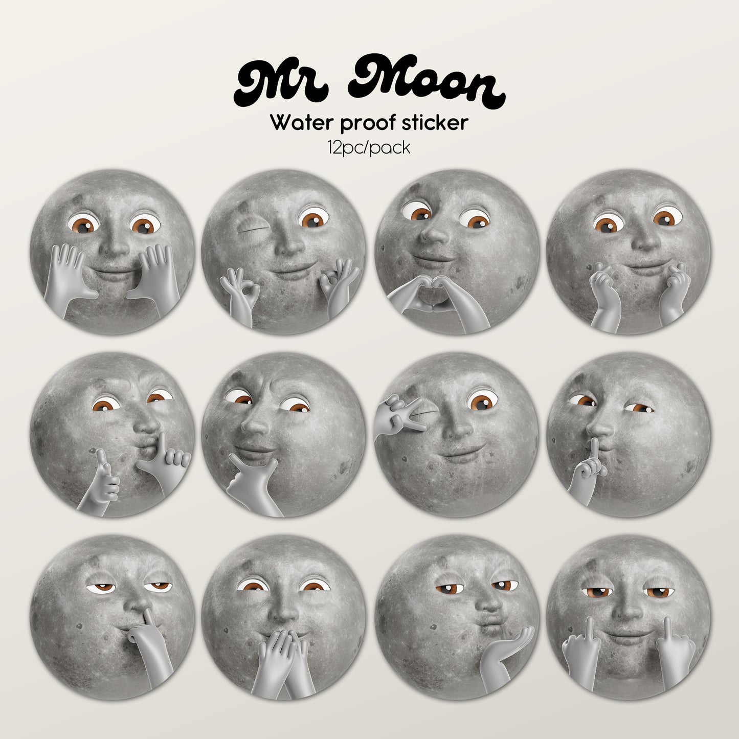 Moon Moon Waterproof Sticker 12pc